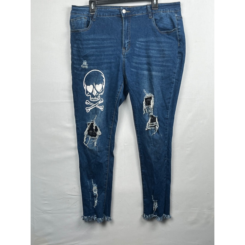 KCGH Distressed Skull Graphic Skinny Jeans Womens XXL Blue Denim Raw Hem Distres